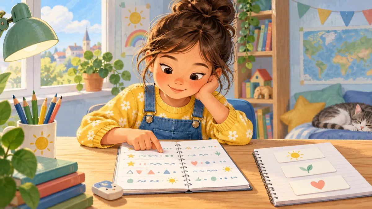 Deux enfants relisent une page avec des crayons